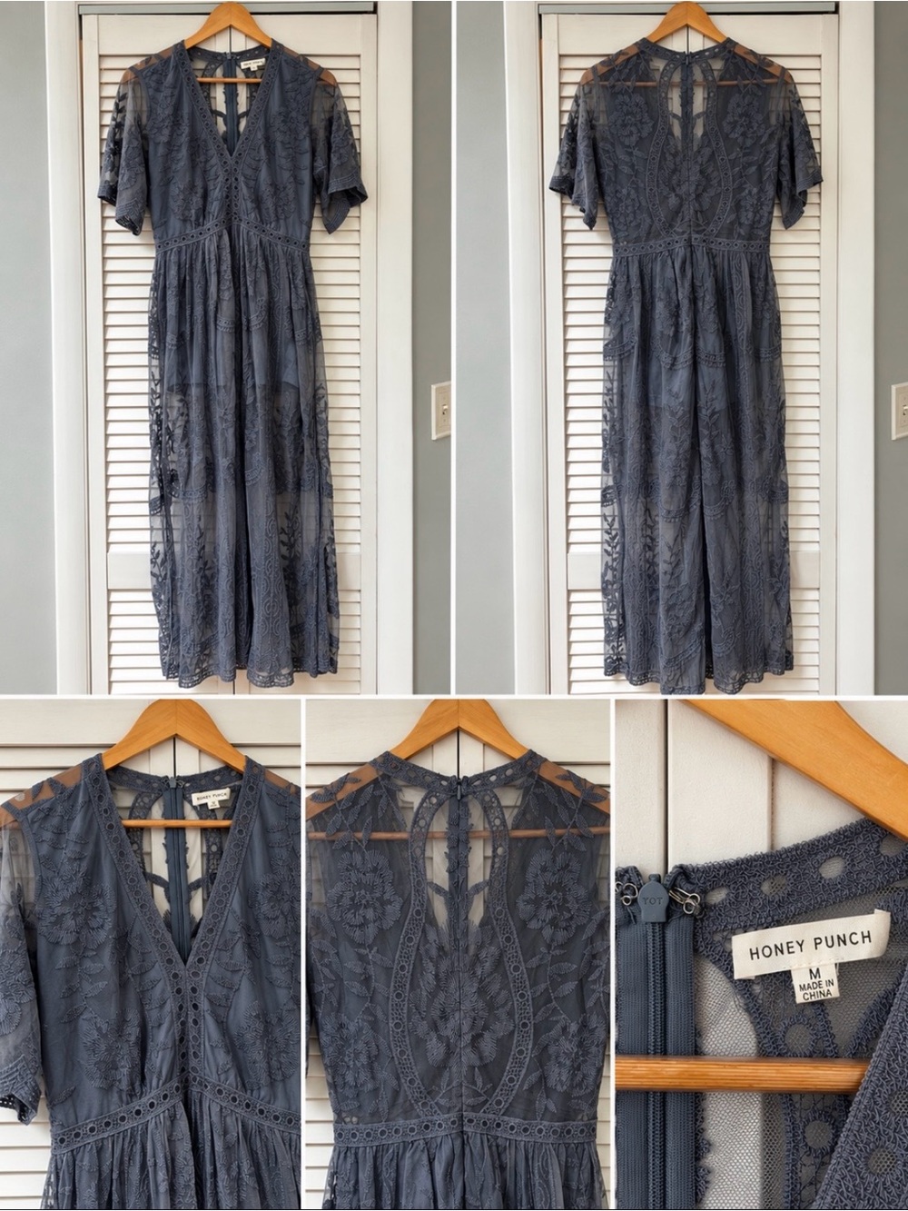 Honey Punch Dusty Blue Lace Midi Dress